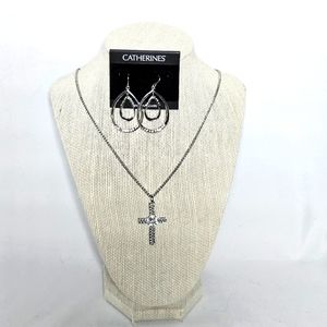 Catherines silvertone cross necklace & dangle earrings nwt